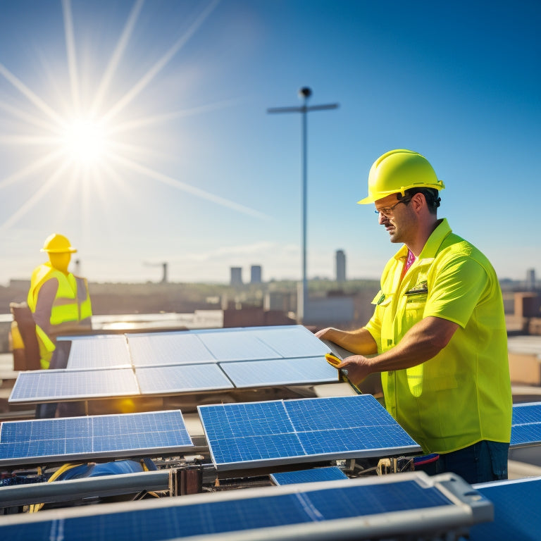 A sunny day with a commercial building in the background, featuring a worker in a bright yellow vest and hard hat, holding a solar panel, with rooftops and machinery in the foreground.