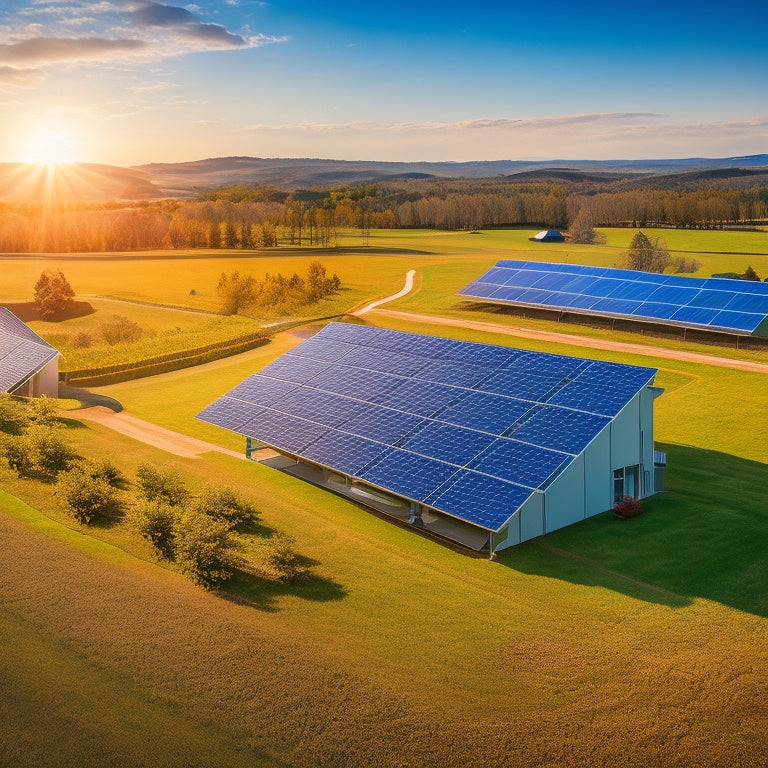 A sprawling landscape of solar panels glistening under a bright sun, surrounded by green fields and blue skies, with a modern home in the background showcasing energy independence and sustainability.