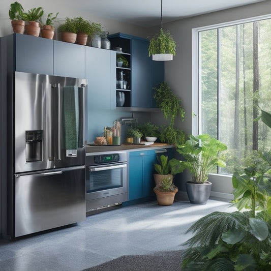 A modern kitchen featuring sleek, energy-efficient appliances: a compact refrigerator, an induction cooktop, a dishwasher, and LED lighting, all surrounded by vibrant houseplants and natural light filtering through large windows.