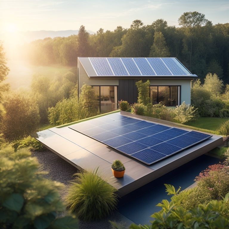 A serene landscape featuring a modern solar panel installation on a rooftop, surrounded by lush greenery, with a bright sun shining above, and eco-friendly symbols like leaves and recycling icons subtly integrated in the scene.