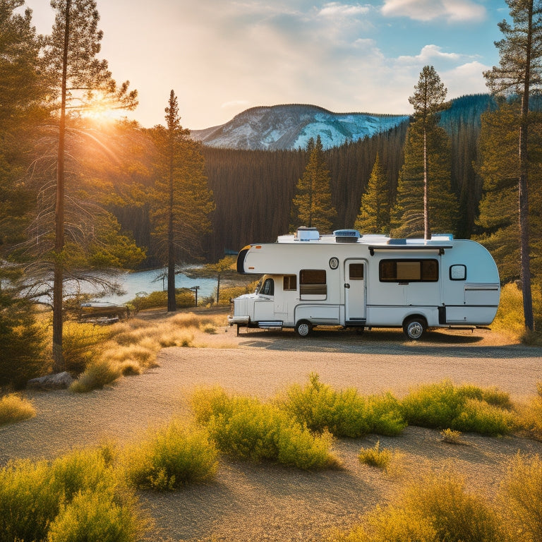 A vibrant RV parked in a scenic wilderness, surrounded by pine trees and mountains, equipped with solar panels on the roof, a sunlit landscape, and energy-efficient appliances visible through the windows.