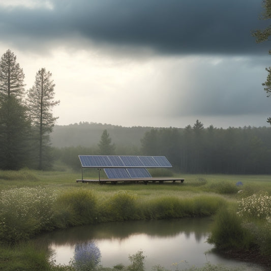 A serene landscape with a gray, overcast sky casting soft diffused light on solar panels, glistening with raindrops, surrounded by lush greenery, highlighting the contrast between technology and nature in a cloudy setting.