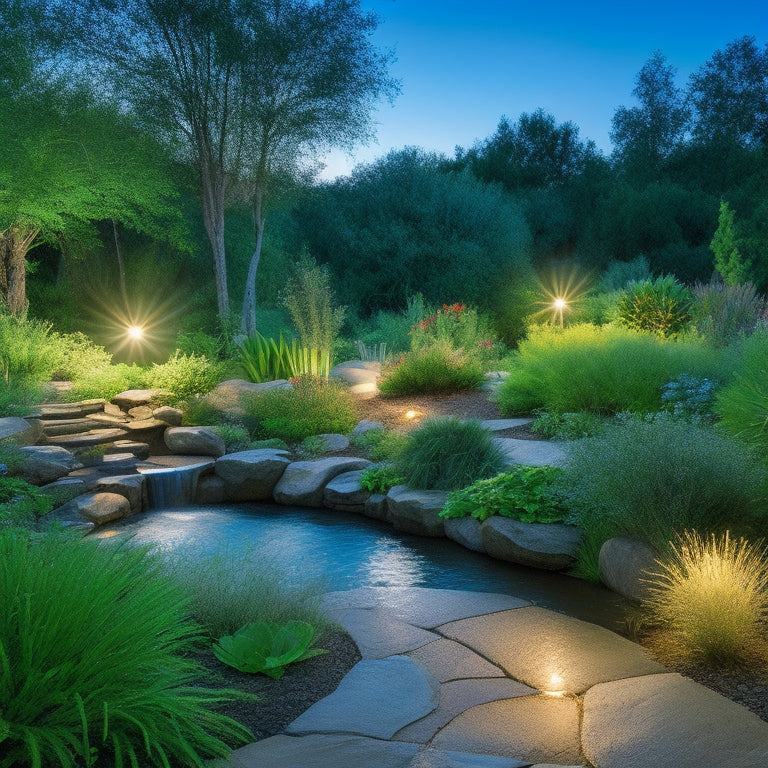 A serene eco-friendly yard at dusk, featuring solar-powered LED lights illuminating native plants, a winding stone pathway, and a tranquil water feature, all surrounded by lush greenery and a starry night sky.