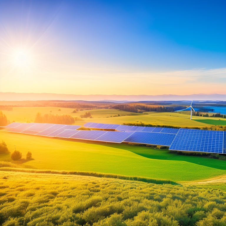 A vibrant landscape with solar panels glistening under a bright sun, surrounded by lush greenery, wind turbines in the distance, and a clear blue sky, depicting harmony between technology and nature for sustainable energy.