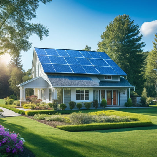 A serene suburban home with a roof-mounted solar panel array, a compact inverter unit on the side, and a few gleaming solar batteries on the lawn, amidst lush greenery and a bright blue sky.
