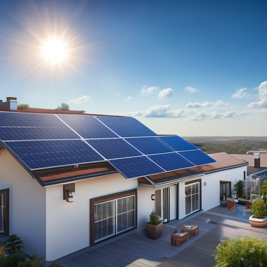 An illustration of a residential rooftop with a partially installed solar panel array, surrounded by installation tools and equipment, with a subtle background of a sunny sky and fluffy white clouds.