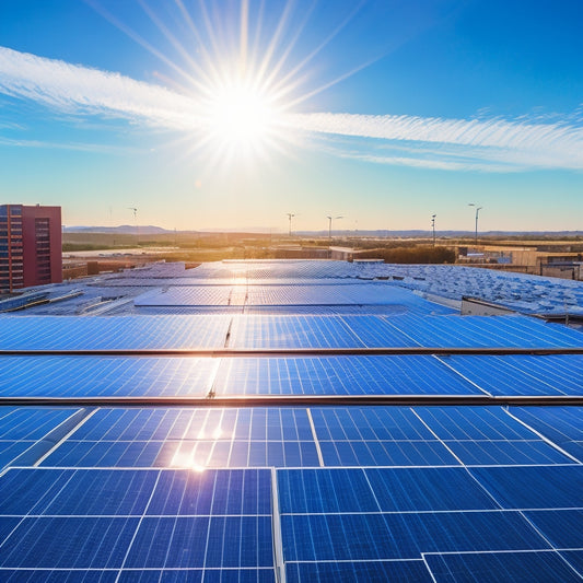 A sleek rooftop adorned with top-tier commercial solar panels, basking in bright sunlight, surrounded by a clear blue sky. Panels are neatly arranged in rows, reflecting advanced technology and sustainability.