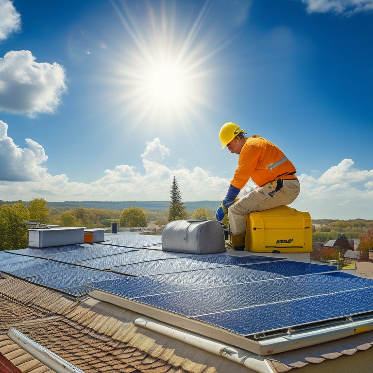 A bright blue sky with a few white, puffy clouds above a residential roof, where a person in a yellow hard hat and gloves is holding a solar panel, with a ladder and toolbox nearby.