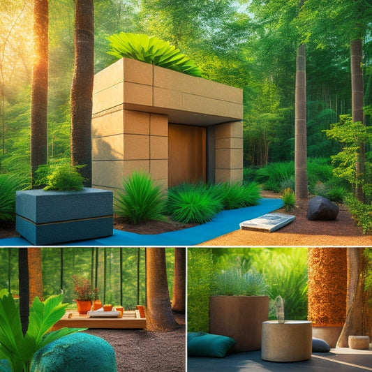 A vibrant scene showcasing various eco-friendly concrete alternatives: bamboo, recycled plastic, and hempcrete blocks, surrounded by lush greenery and sunlight filtering through trees, highlighting a sustainable construction site in harmony with nature.