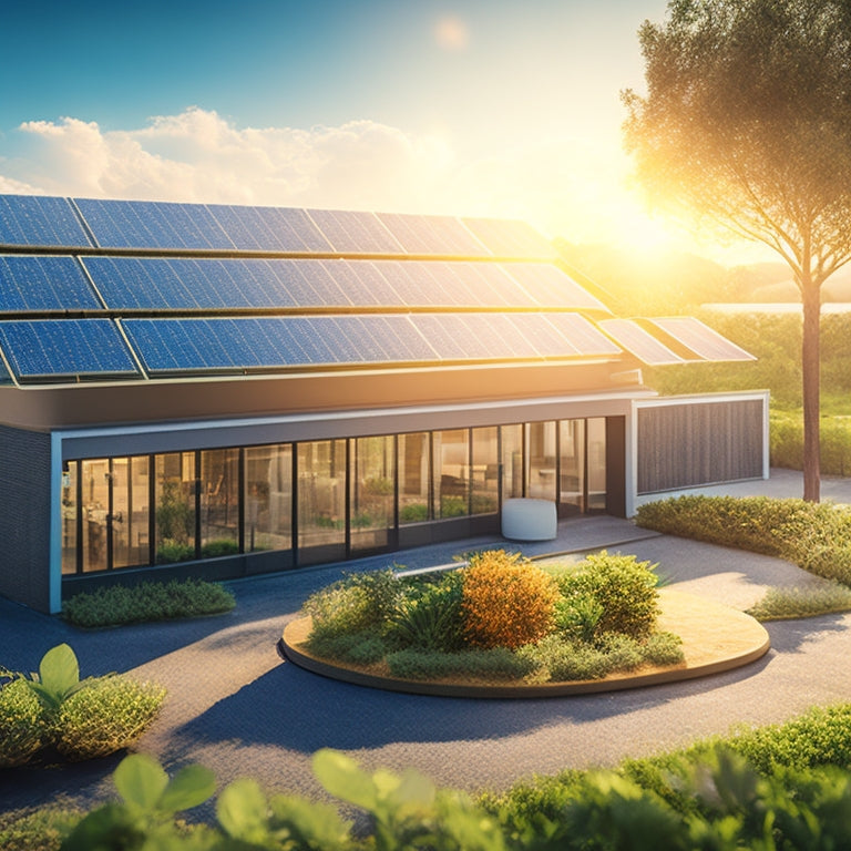 A stylized illustration depicting a commercial building with solar panels on its rooftop, surrounded by greenery, with coins and sunlight rays radiating from the panels, conveying financial growth and sustainability.