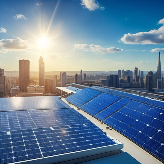 A futuristic rooftop with multiple sleek, high-efficiency solar panels of various brands, angled to maximize sunlight absorption, surrounded by a cityscape with a bright blue sky and fluffy white clouds.