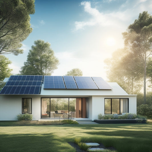 A photorealistic illustration of a modern, sleek, and minimalist home with a seamless rooftop solar panel array, surrounded by lush greenery and a bright blue sky with fluffy white clouds.