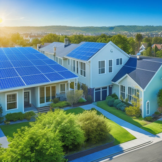 An illustration of a bright, sunny neighborhood with various residential and commercial buildings, each with solar panels installed on rooftops, showcasing a range of installations styles and angles, with a subtle, gradient blue sky in the background.