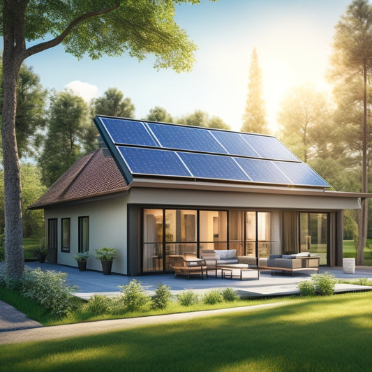 A modern home with solar panels on the roof, surrounded by green trees and a clear blue sky. A calculator, coins, and financial documents on a table in the foreground.