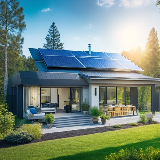 A modern home with solar panels on the roof, surrounded by lush greenery, showcasing smart home devices like a digital thermostat, automated blinds, and a smartphone controlling energy usage, all under bright blue skies.