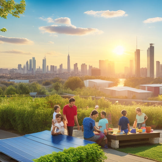 A sun-drenched landscape featuring solar panels on rooftops, a thriving garden, and a family enjoying outdoor activities, with a distant view of a city skyline, symbolizing sustainability and long-term savings.