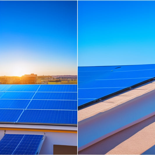 A split-screen image featuring a rooftop with traditional blue solar panels on one side and sleek black solar panels on the other, set against a bright blue sky with a few wispy clouds.
