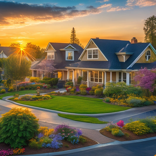 A picturesque suburban neighborhood at sunset, showcasing varied home styles with solar panels on roofs, lush gardens, and vibrant flowers, emphasizing harmony between technology and nature, bathed in warm golden light.