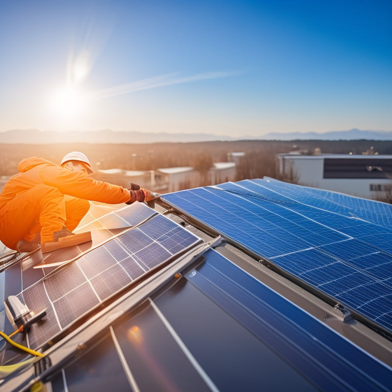 A close-up of a technician inspecting solar panels on a rooftop, surrounded by bright sunlight, with tools like a multimeter and cleaning supplies nearby, and a clear blue sky in the background.