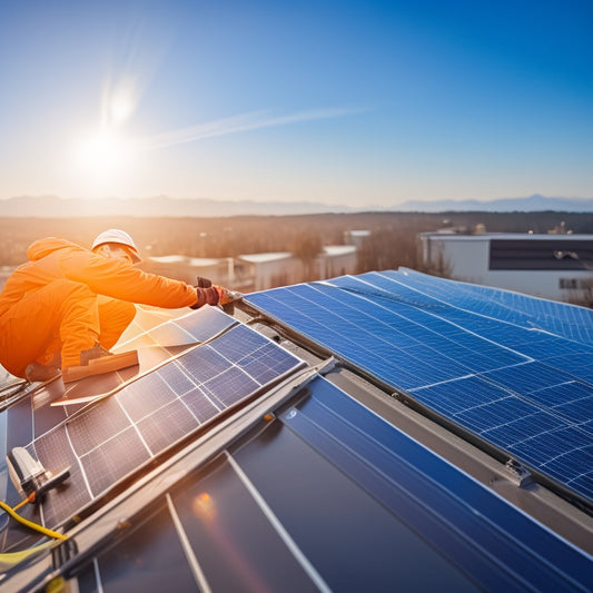 A close-up of a technician inspecting solar panels on a rooftop, surrounded by bright sunlight, with tools like a multimeter and cleaning supplies nearby, and a clear blue sky in the background.