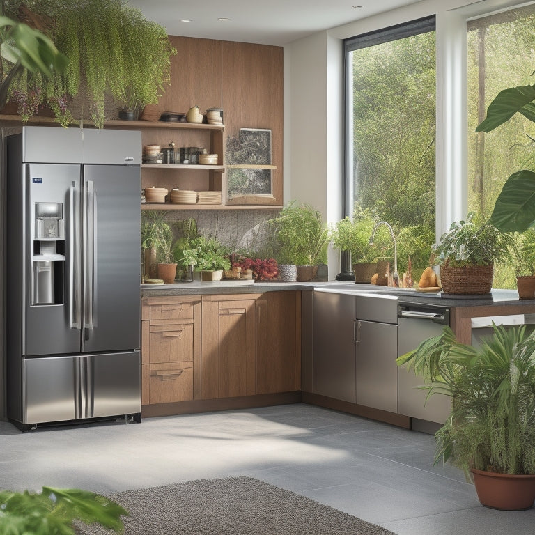 A serene kitchen showcasing sleek, energy-efficient appliances: a stainless steel refrigerator with a solar panel, a bamboo countertop with a compact compost bin, and a washing machine surrounded by lush indoor plants.