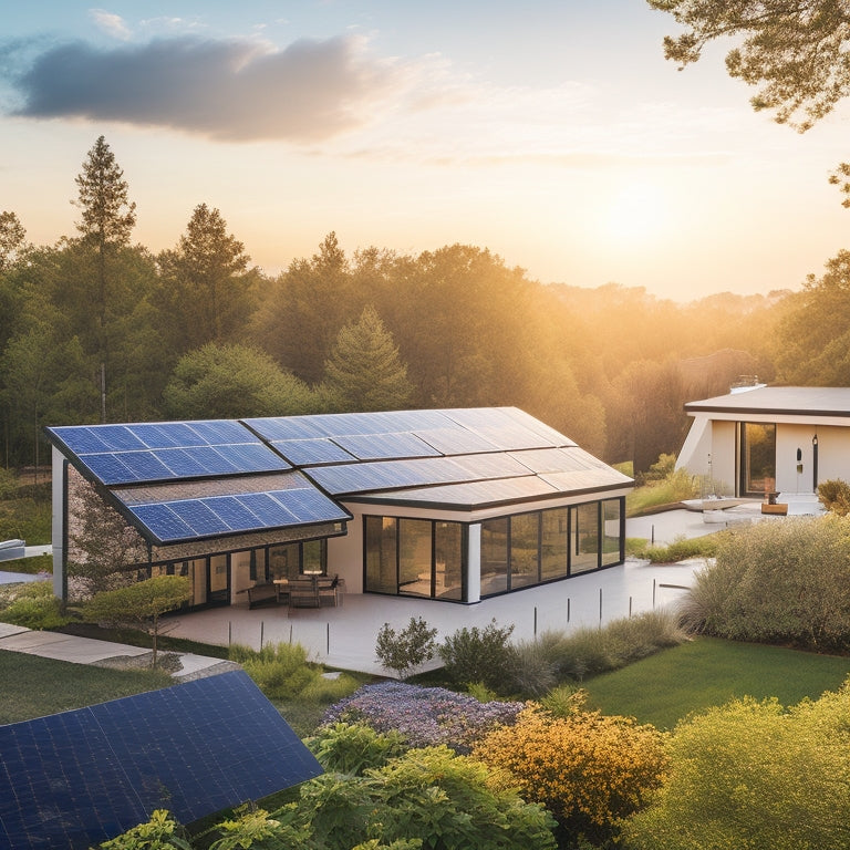 A serene residential landscape with a modern, sleek solar panel array on the roof of a sustainable, eco-friendly home, surrounded by lush greenery and a bright, sunny sky with a few fluffy clouds.