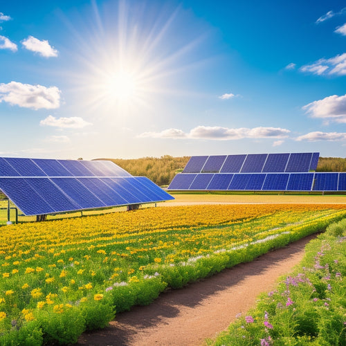 A vibrant solar farm with sleek panels glistening under a blue sky, surrounded by lush greenery, wind turbines in the distance, and a modern eco-friendly home with a garden flourishing with colorful flowers.