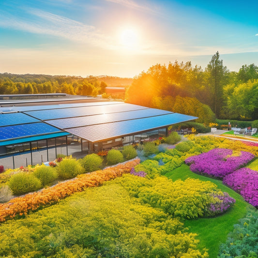 A vibrant solar-powered business landscape featuring sleek solar panels on rooftops, lush greenery, and eco-friendly buildings, with employees collaborating in a sunlit outdoor workspace surrounded by blooming flowers and thriving trees.