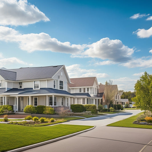 A serene suburban street with five houses, each featuring a unique solar panel installation, varying in size, color, and roof integration, set against a bright blue sky with fluffy white clouds.