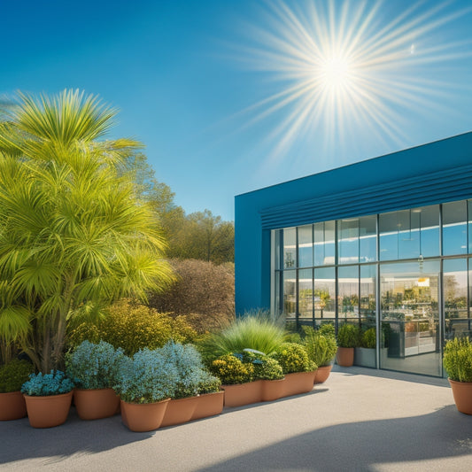 A bright blue sky with a subtle sunburst, overlaid with a stylized retail storefront, surrounded by growing plants and a subtle upward trend line, conveying growth and success.