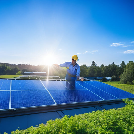 A technician inspecting a rooftop solar panel array with tools in hand, under a bright blue sky, surrounded by lush greenery, capturing the essence of ongoing maintenance.