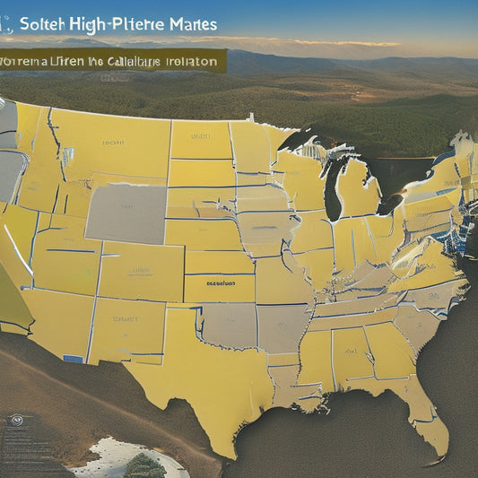 Aerial view of the US map with sunny yellow highlights on states with high solar panel adoption rates, featuring 3D illustrations of solar panels on rooftops in metropolitan areas.