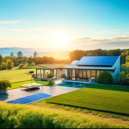 A picturesque landscape showcasing a modern home with a sleek hybrid solar system on the roof, surrounded by lush greenery and blue skies, with sunlight glistening off solar panels and a wind turbine in the distance.