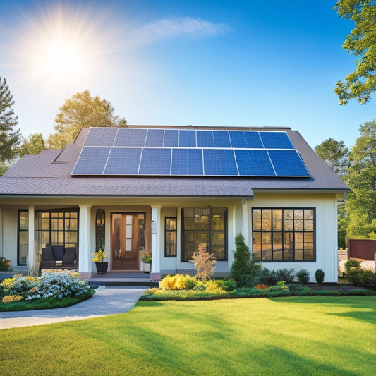 A serene, modern suburban home with a mix of solar panels and traditional roofing, surrounded by lush greenery and a sunny blue sky, with a subtle grid of budget sheets and calculators in the foreground.