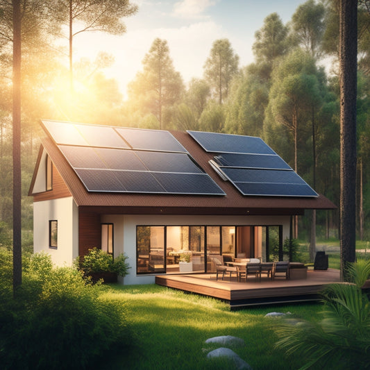 An illustration of a modern, eco-friendly house with solar panels on the roof, surrounded by lush greenery, with a subtle sun shining in the background, casting a warm glow.