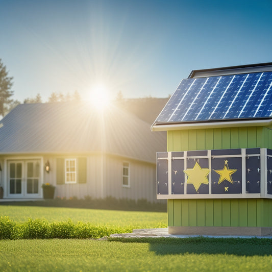 A sunny background with a subtle solar panel pattern, overlaid with a stylized 5-star rating symbol made up of tiny house silhouettes, surrounded by a circle of interconnected smile faces.