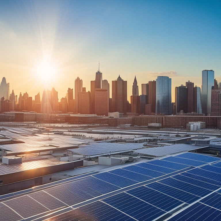 A vibrant rooftop covered in sleek solar panels under a bright blue sky, with dollar signs subtly integrated into the sunlight reflecting off the panels, and a city skyline in the background showcasing thriving businesses.