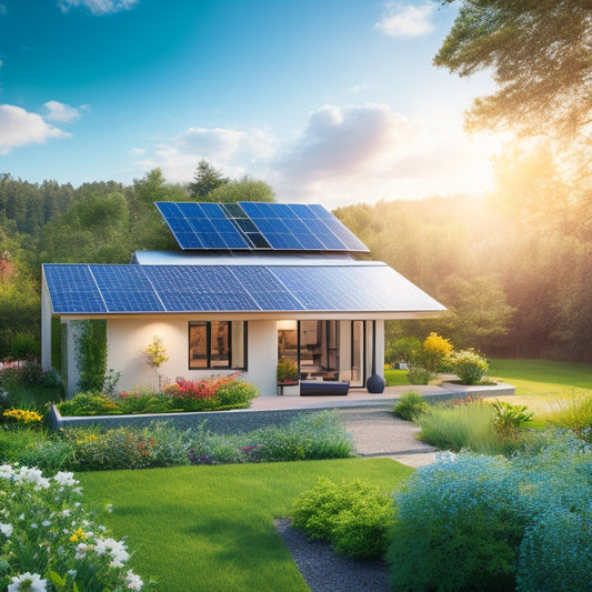 A serene landscape featuring a modern home with solar panels on the roof, surrounded by lush greenery, vibrant flowers, and a clear blue sky, showcasing harmony between nature and sustainable technology.