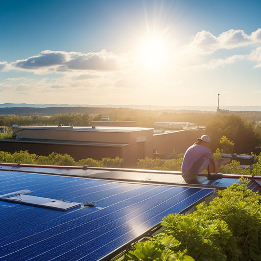 A sunlit rooftop with gleaming solar panels, a person using a soft brush and hose to gently clean the panels, surrounded by bright blue sky, fluffy clouds, and lush greenery in the background.