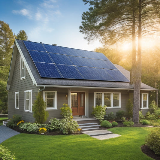 A serene suburban home with a newly installed solar panel system on its roof, surrounded by lush greenery, with a few panels tilted at an angle to maximize sunlight exposure.