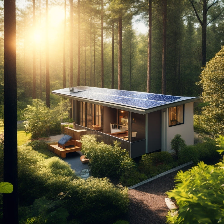 A bright, modern home with solar panels on the roof, surrounded by lush greenery. An energy auditor inspects the attic and exterior walls, using a thermal camera, while sunlight filters through trees.