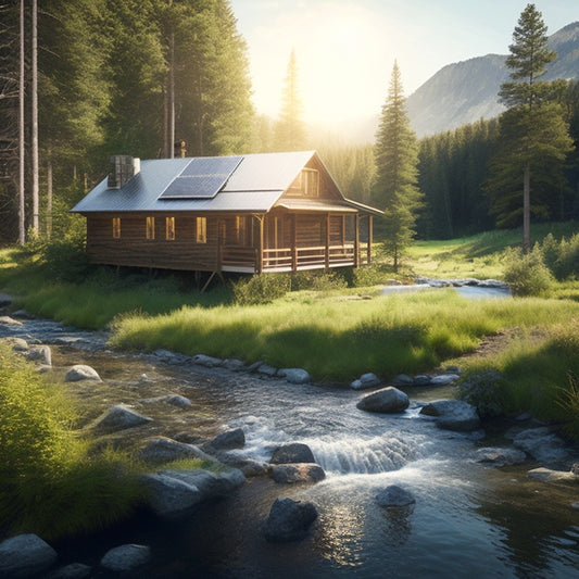 A serene off-grid landscape featuring a rustic cabin surrounded by lush greenery, solar panels glistening in the sunlight, a clear blue sky, and a tranquil stream flowing nearby, symbolizing energy independence and harmony with nature.