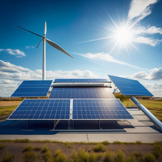 An illustration of three solar panels with distinct designs, set against a bright blue sky with fluffy white clouds, surrounded by subtle industrial elements like pipes and machinery.