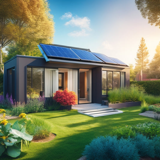 A sleek modern home with solar panels on the roof, showcasing a stylish battery storage unit in a sunlit garden, surrounded by lush greenery and vibrant flowers, embodying sustainability and innovation.