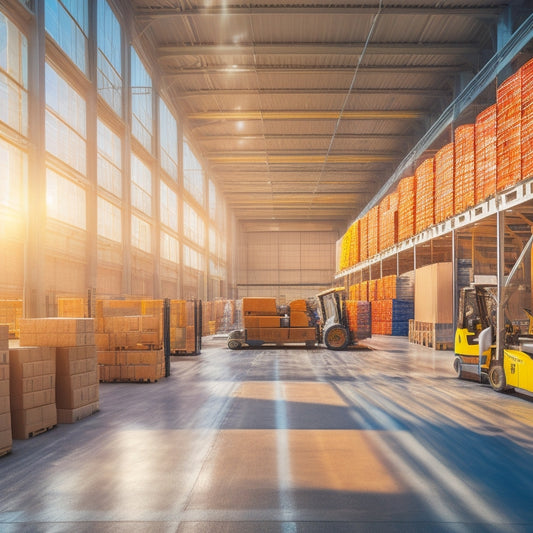 A modern warehouse filled with neatly stacked solar panels, bright sunlight streaming through large windows, forklifts transporting panels, showcasing efficient logistics and affordable commercial solar solutions.