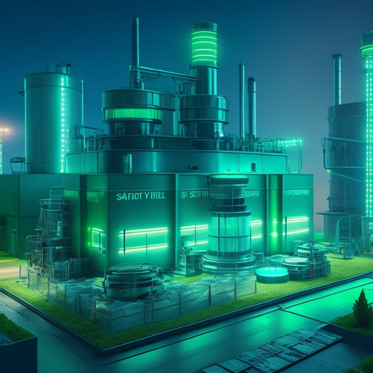 A stylized illustration of a factory or office building with glowing green lights and machinery, surrounded by falling coins and decreasing meter readings, set against a blue background.