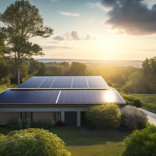 A serene landscape with a modern, sleek solar panel installation on a rooftop, surrounded by lush greenery, with a subtle sunburst in the background, conveying eco-friendliness and innovation.