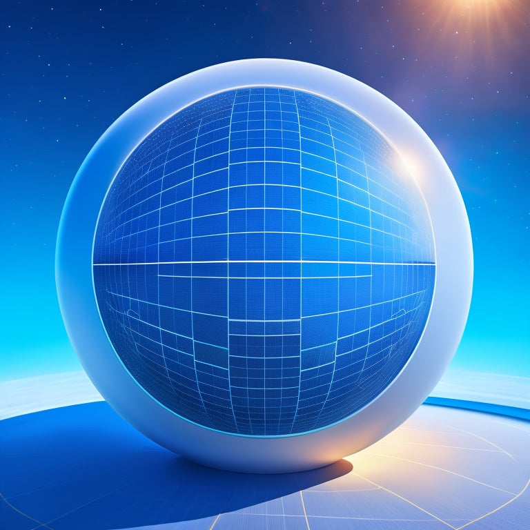 A futuristic, minimalist illustration featuring a stylized solar panel at the center, surrounded by orbiting circles and lines, representing data flow and real-time monitoring, set against a soft, gradient blue background.