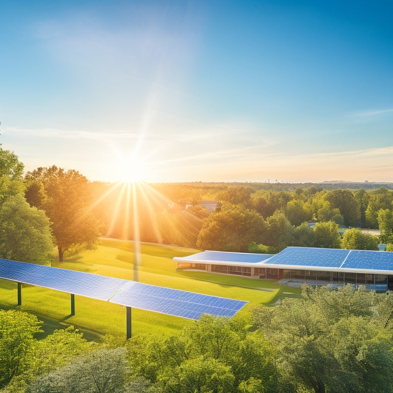 A vibrant corporate landscape featuring solar panels on rooftops, wind turbines in the background, lush green spaces, and employees collaborating under a large tree, all bathed in warm sunlight, symbolizing sustainable energy solutions.