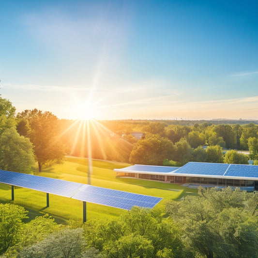 A vibrant corporate landscape featuring solar panels on rooftops, wind turbines in the background, lush green spaces, and employees collaborating under a large tree, all bathed in warm sunlight, symbolizing sustainable energy solutions.